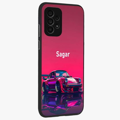 Neon Pink Porsche Glass Case upright view showcasing vibrant sports car artwork with bold automotive theme.
