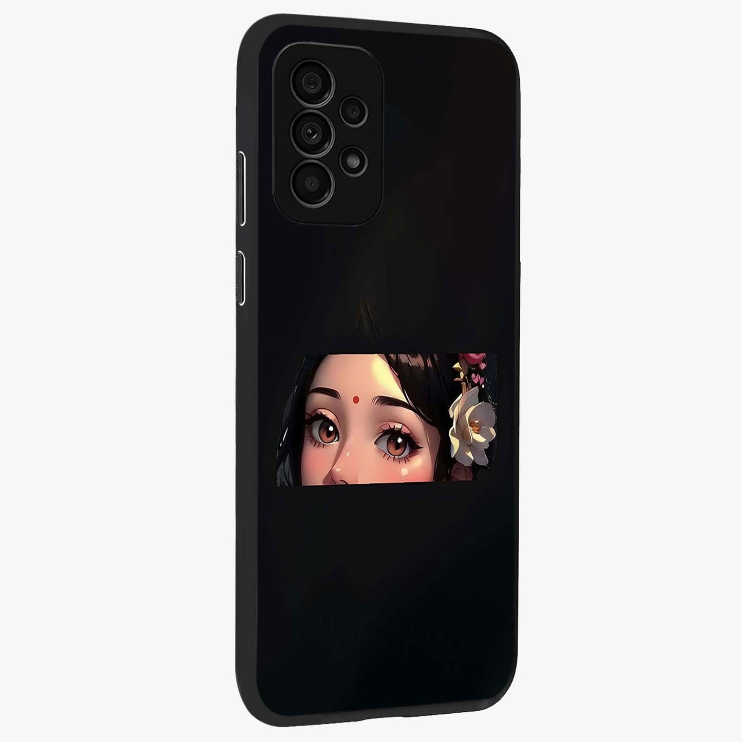 Radha Divine Embrace Glass Case upright view showcasing sacred Radha themed artwork with peaceful devotional style.