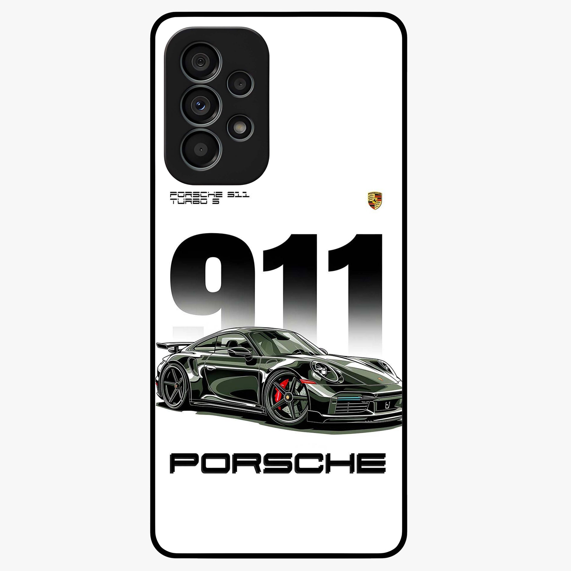 911 Turbo Dominance Glass Case showing clean flat back view with bold 911 sports car artwork and glossy glass finish.