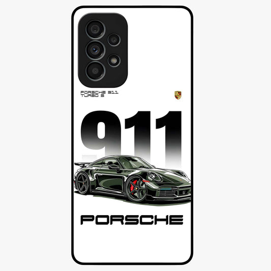 911 Turbo Dominance Glass Case showing clean flat back view with bold 911 sports car artwork and glossy glass finish.