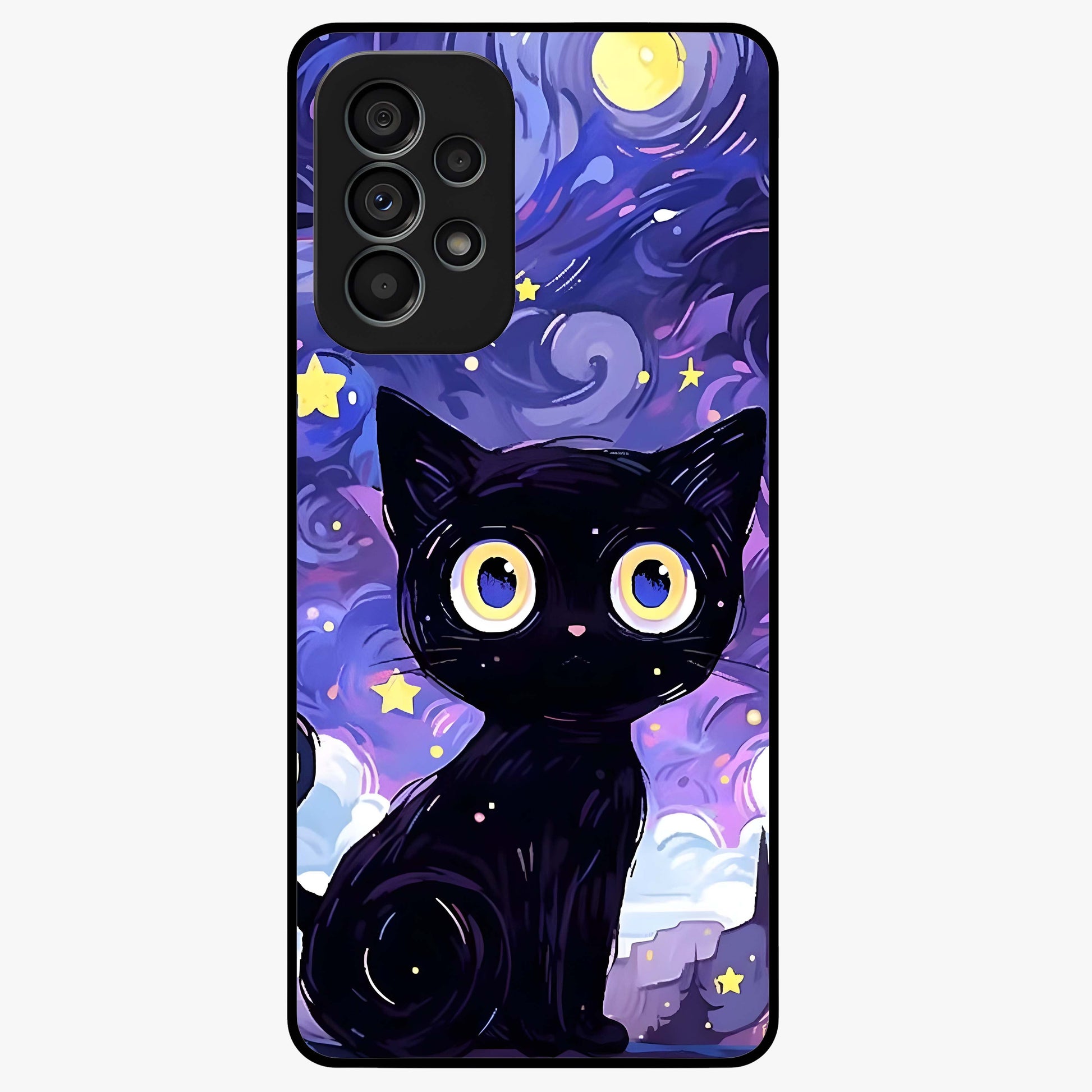 Abstract Cat Art Glass Case showing flat back view with artistic cat illustration and glossy glass finish.