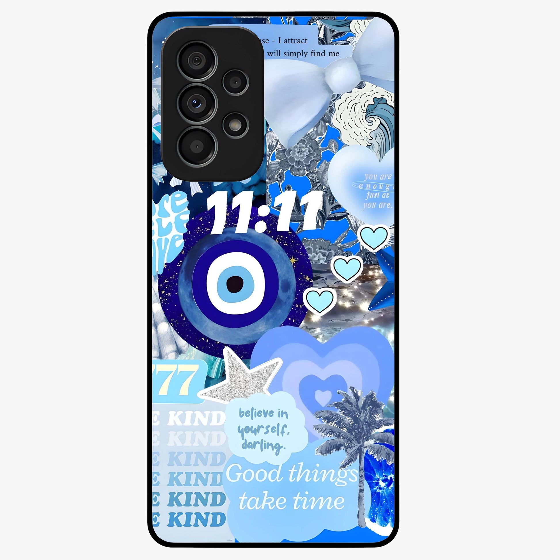 Aesthetic Be Kind Eye Glass Case showing flat back view with motivational eye artwork and glossy glass finish.