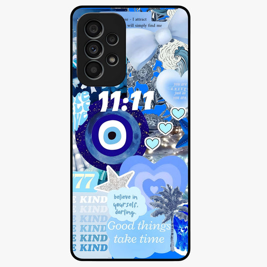 Aesthetic Be Kind Eye Glass Case showing flat back view with motivational eye artwork and glossy glass finish.