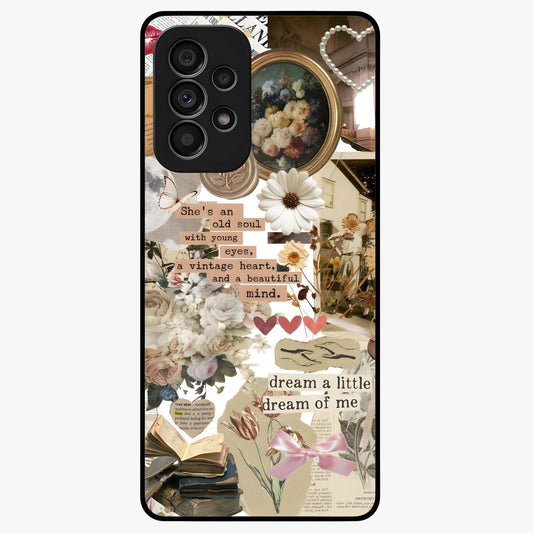 Aesthetic Brown Vintage Collage Glass Case showing flat back view with retro collage artwork and glossy glass finish.