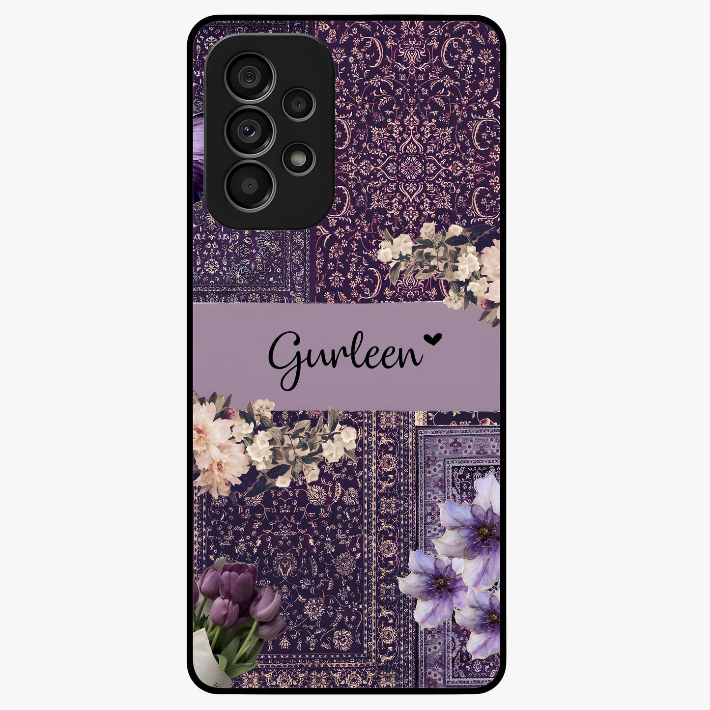 Antique Floral Whisper Custom Name Glass Case showing flat back view with vintage floral artwork and personalized name design.