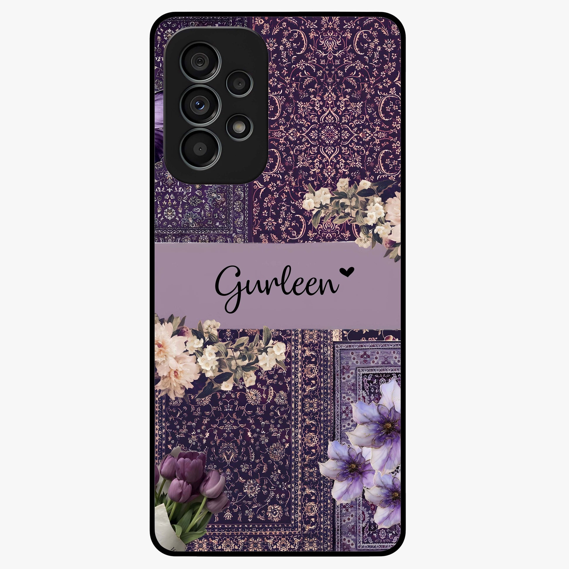 Antique Floral Whisper Custom Name Glass Case showing flat back view with vintage floral artwork and personalized name design.