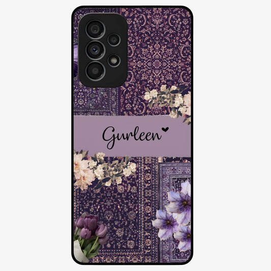 Antique Floral Whisper Custom Name Glass Case showing flat back view with vintage floral artwork and personalized name design.