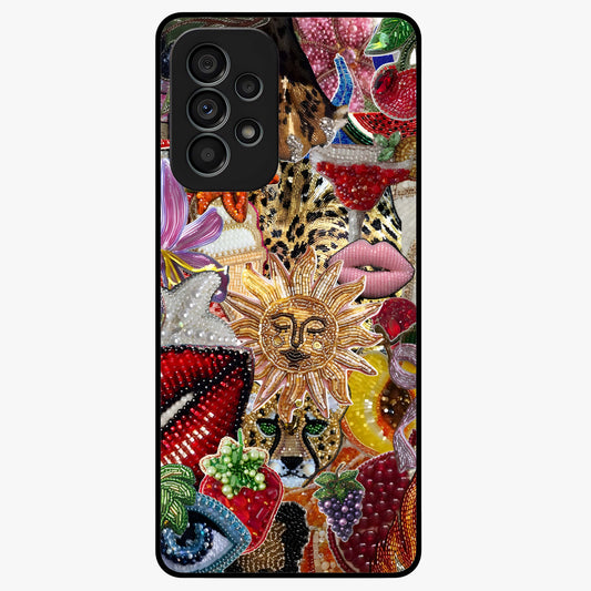 Beaded Fashion Jungle Glass Case showing flat back view with vibrant jungle inspired bead artwork and glossy glass finish.