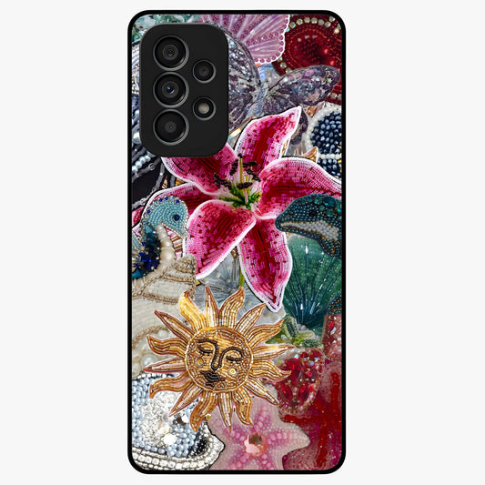 Beaded Garden Fantasy Glass Case showing flat back view with dreamy garden bead artwork and glossy glass finish.