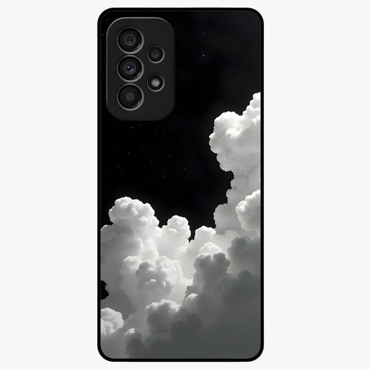 Black Background With White Cloud Glass Case showing flat back view with minimal cloud artwork on dark background and glossy glass finish.