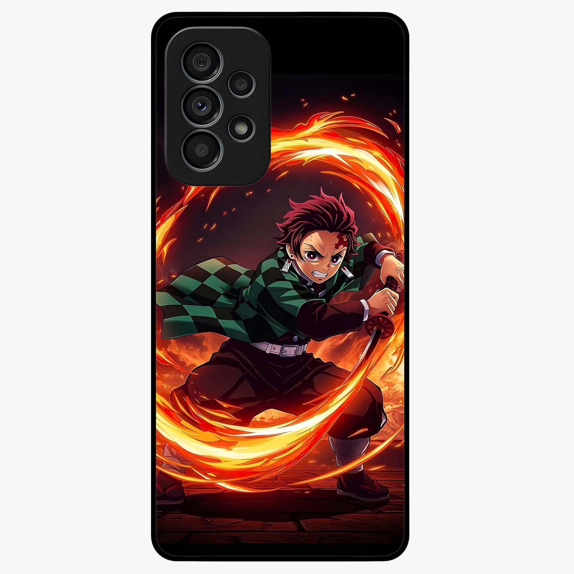Blazing Sword Resolve Glass Case showing flat back view with fiery sword artwork and glossy glass finish.