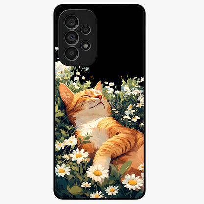 Blissful Bloom Cat Glass Case showing flat back view with cute cat and floral bloom artwork and glossy glass finish.