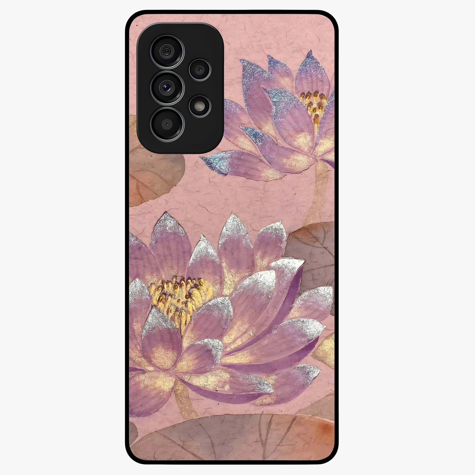 Blossom Mist Lotus Glass Case showing flat back view with serene lotus blossom artwork and glossy glass finish.