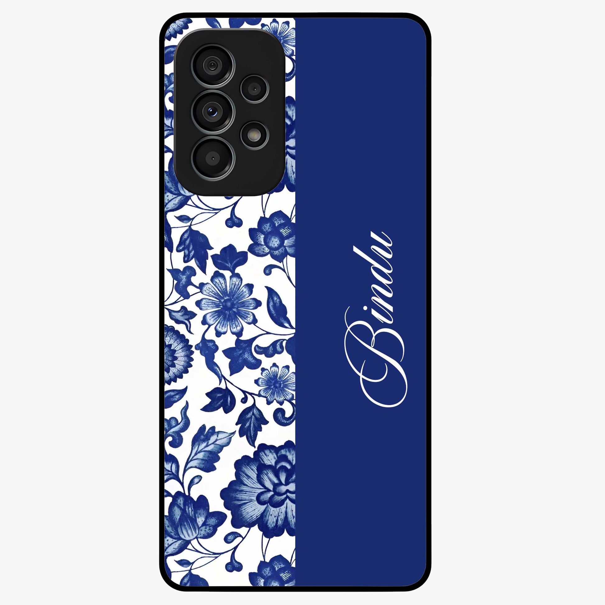 Blue Vintage Floral Pattern Glass Case upright view showcasing timeless floral illustration with vintage inspired style.
