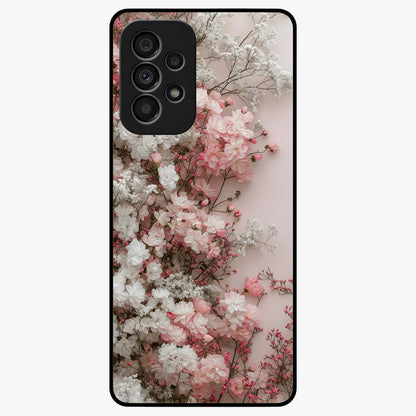 Blush Blossom Cloud Glass Case showing flat back view with dreamy blush cloud blossom artwork and glossy glass finish.