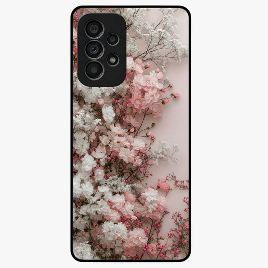 Blush Blossom Cloud Glass Case showing flat back view with dreamy blush cloud blossom artwork and glossy glass finish.