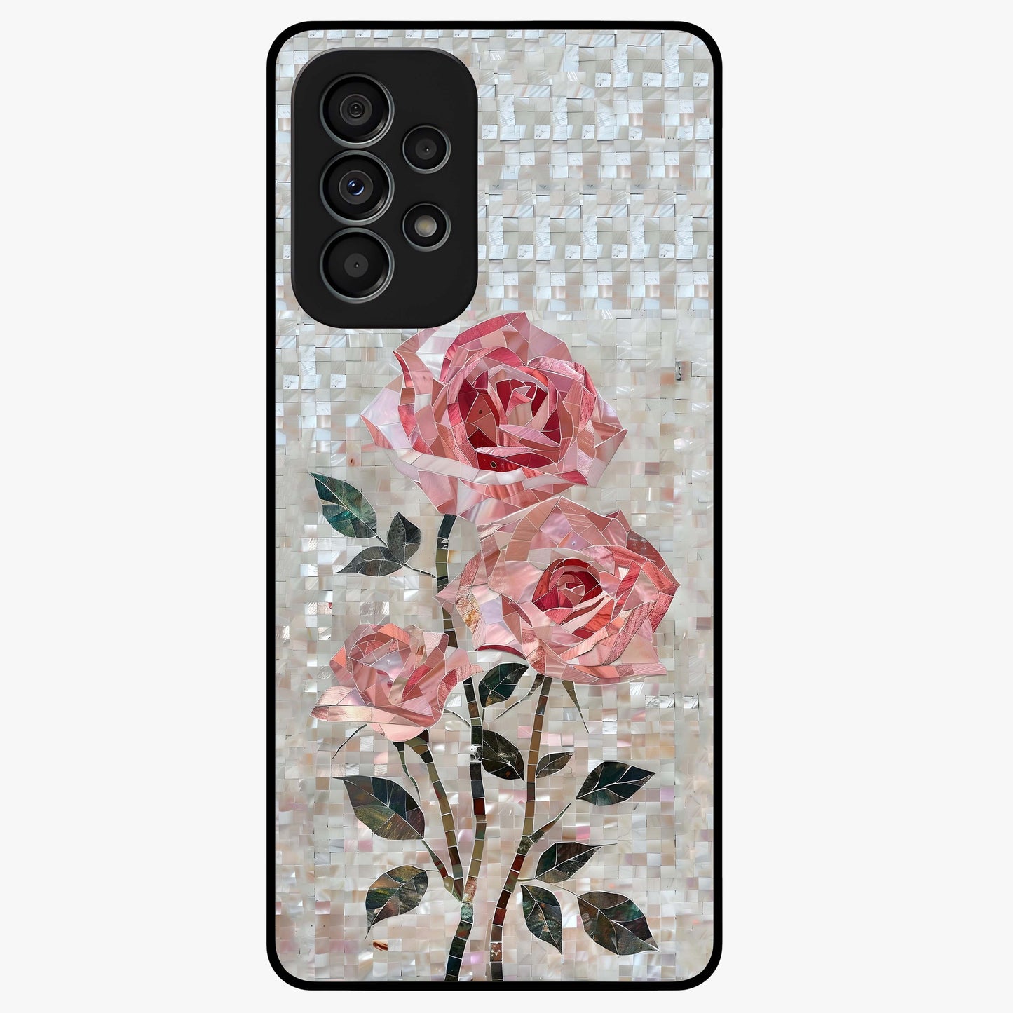 Blush Mosaic Bloom Glass Case showing flat back view with mosaic floral bloom artwork and glossy glass finish.