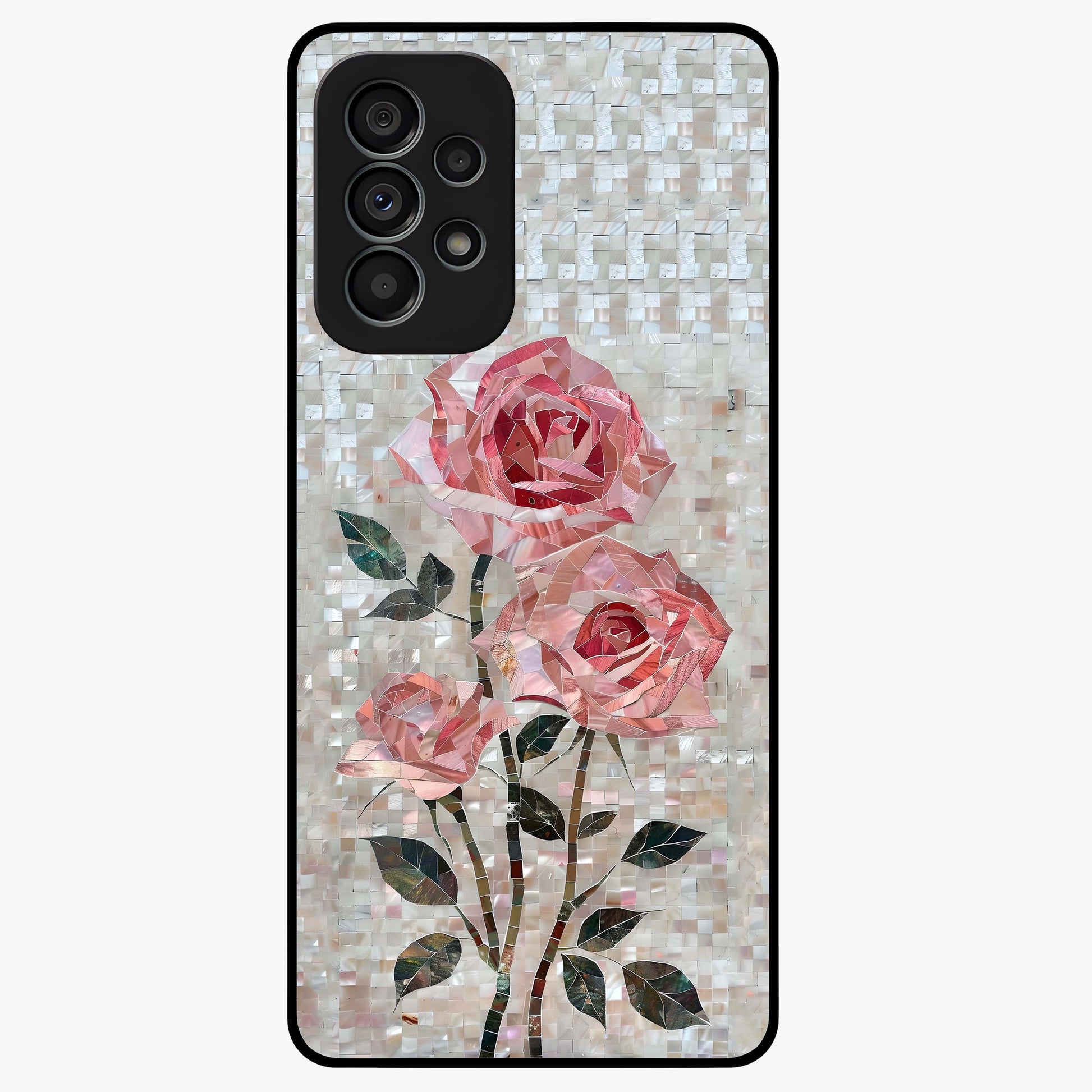 Blush Mosaic Bloom Glass Case showing flat back view with mosaic floral bloom artwork and glossy glass finish.