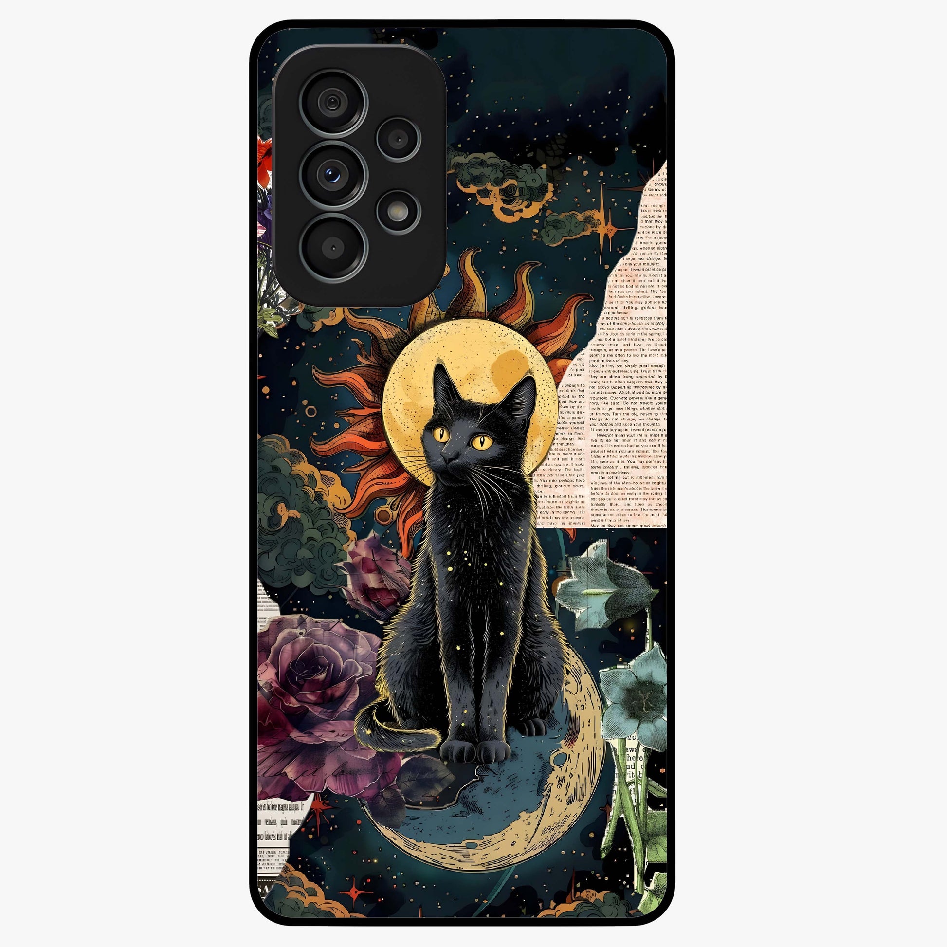 Celestial Black Cat Glass Case showing flat back view with mystical black cat artwork and glossy glass finish.