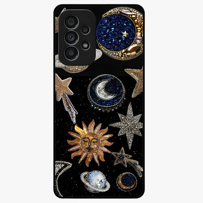 Celestial Gem Constellations Glass Case showing flat back view with sparkling constellation artwork and glossy glass finish.