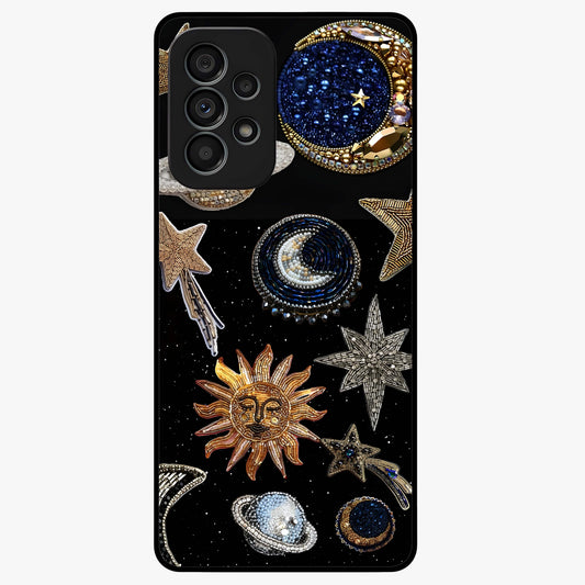 Celestial Gem Constellations Glass Case showing flat back view with sparkling constellation artwork and glossy glass finish.