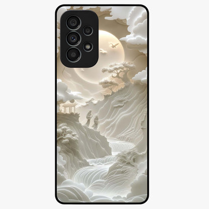 Celestial Origami Glass Case showing flat back view with artistic origami inspired celestial artwork and glossy glass finish.