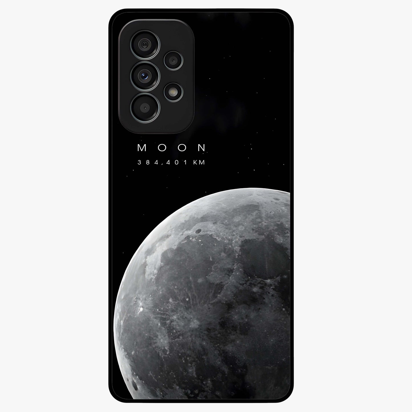 Cosmic Moon Glow Glass Case showing flat back view with glowing moon artwork and glossy glass finish.