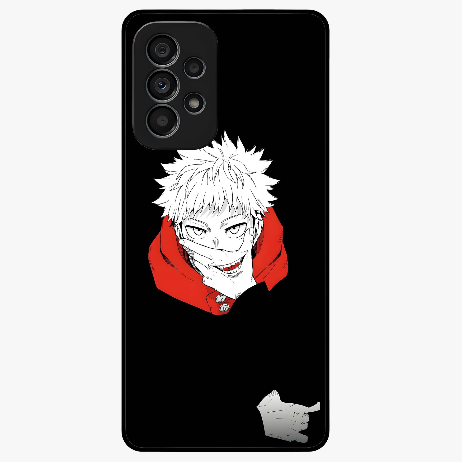 Crimson Chaos Smile Glass Case showing flat back view with bold chaotic smile artwork and glossy glass finish.