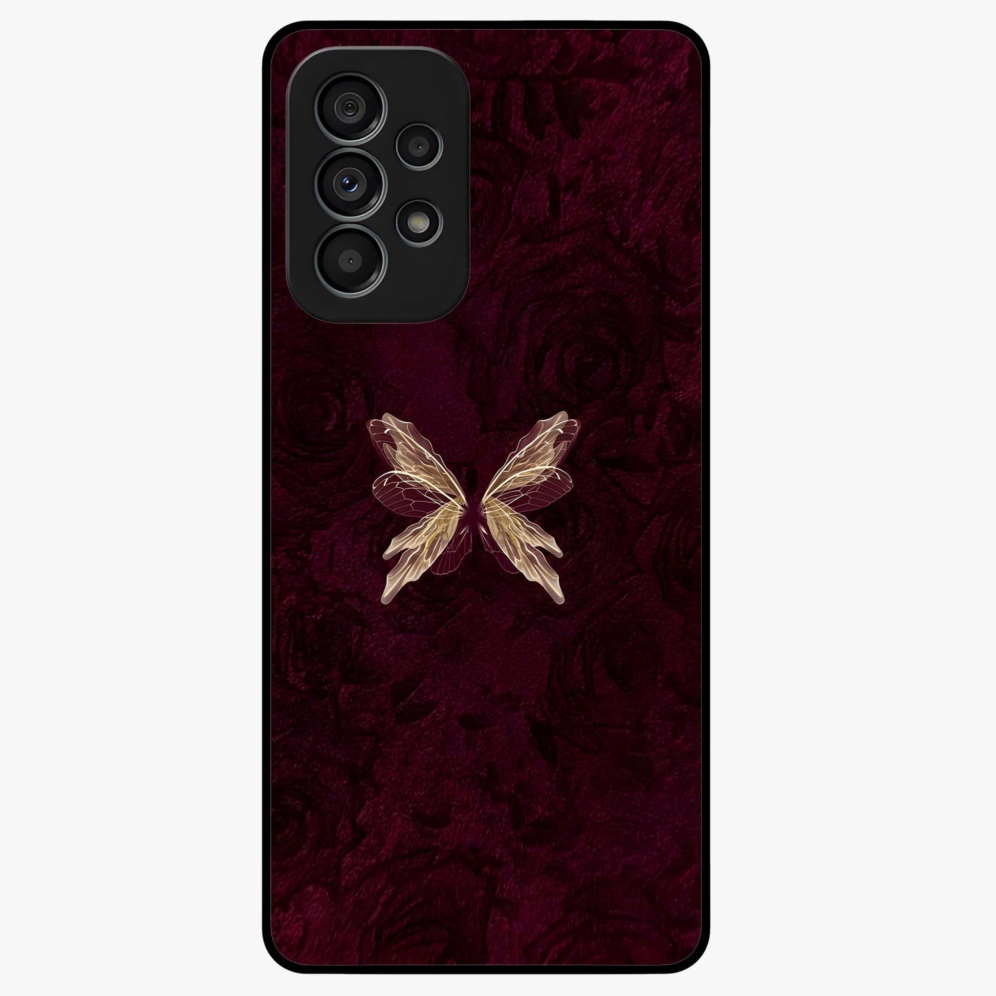 Crimson Fade Butterfly Glass Case showing flat back view with fading butterfly artwork and glossy glass finish.