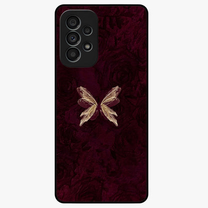 Crimson Fade Butterfly Glass Case showing flat back view with fading butterfly artwork and glossy glass finish.