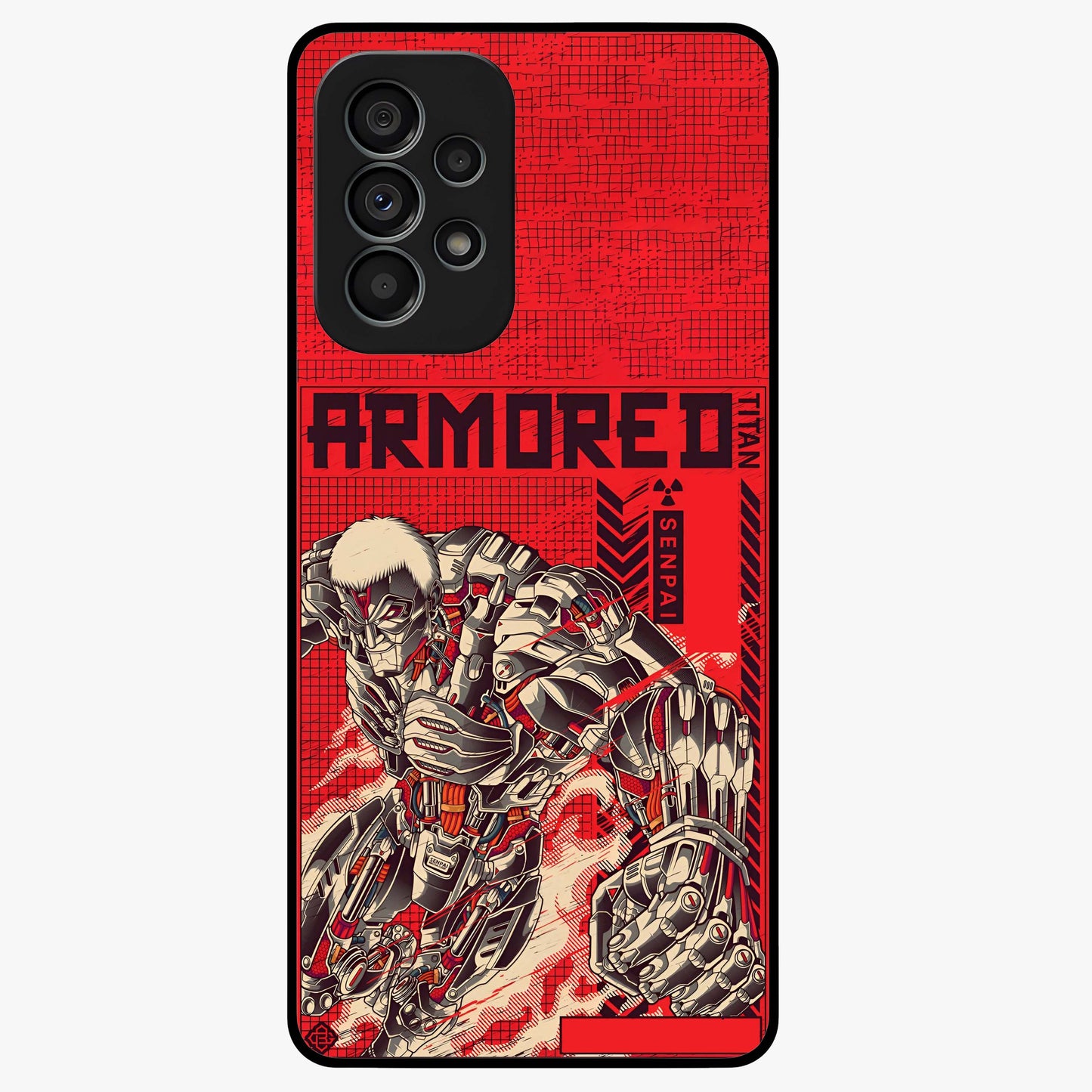 Crimson Mecha Titan Glass Case showing flat back view with powerful mech titan artwork and glossy glass finish.