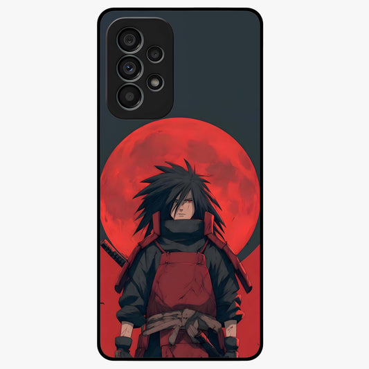 Crimson Moon Warlord Glass Case showing flat back view with mystical moon warrior artwork and glossy glass finish.