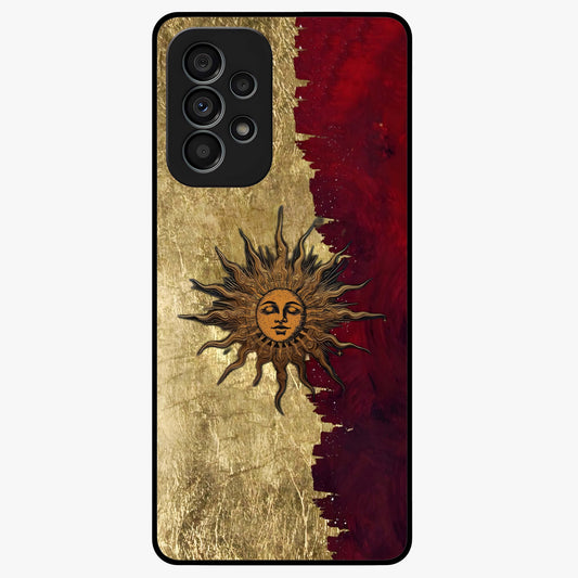 Crimson Sun Majesty Glass Case showing flat back view with radiant sun inspired artwork and glossy glass finish.