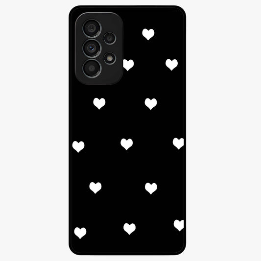 Cute And Simple White Hearts Glass Case showing flat back view with minimal white heart pattern and glossy glass finish.