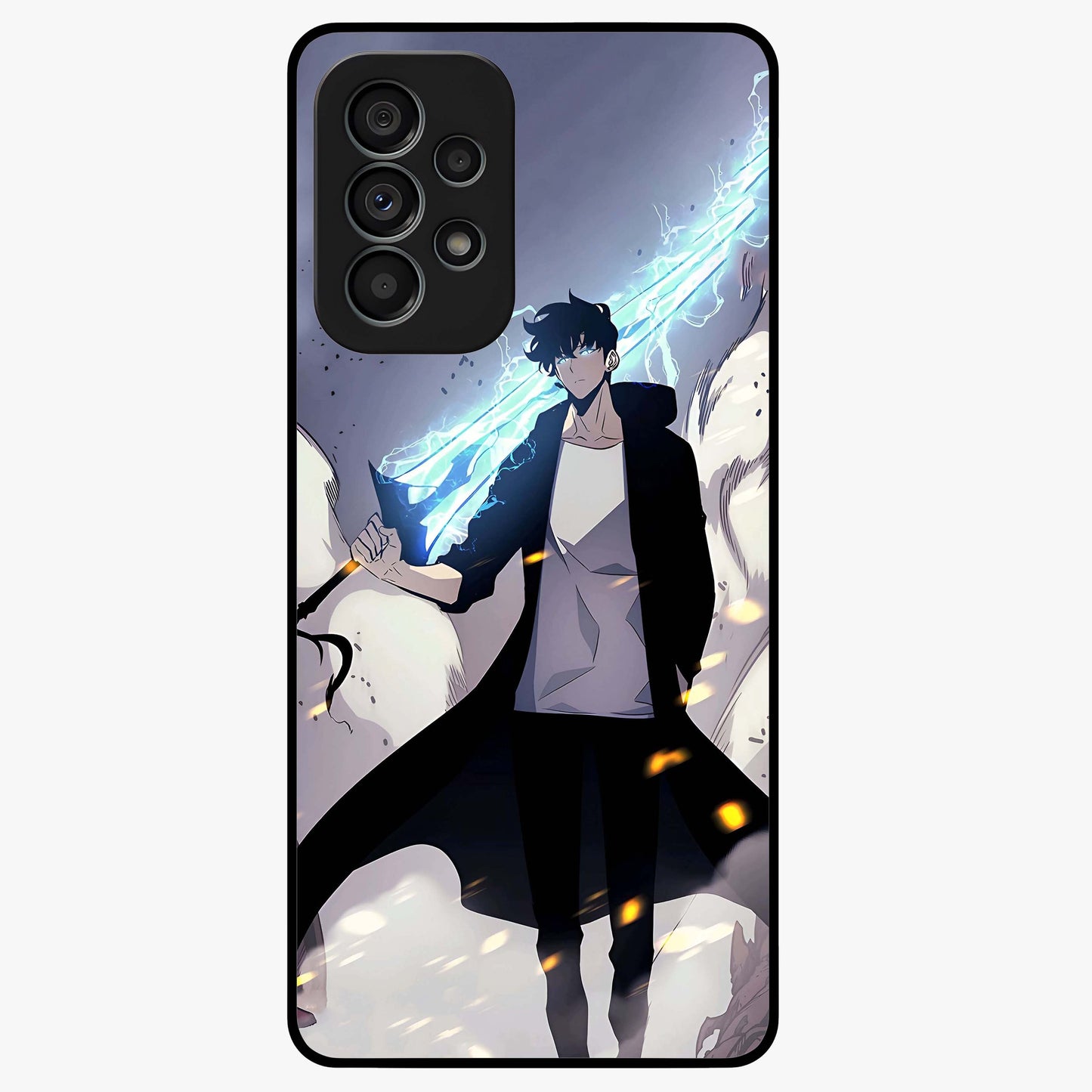 Dark Lightning Anime Warrior Glass Case showing flat back view with intense anime warrior artwork and glossy glass finish.