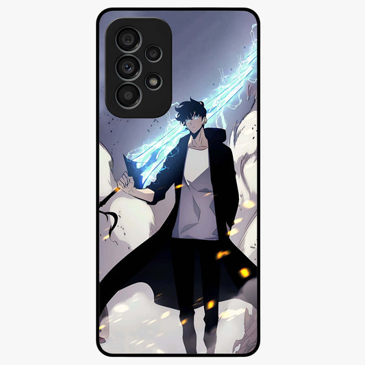 Dark Lightning Anime Warrior Glass Case showing flat back view with intense anime warrior artwork and glossy glass finish.