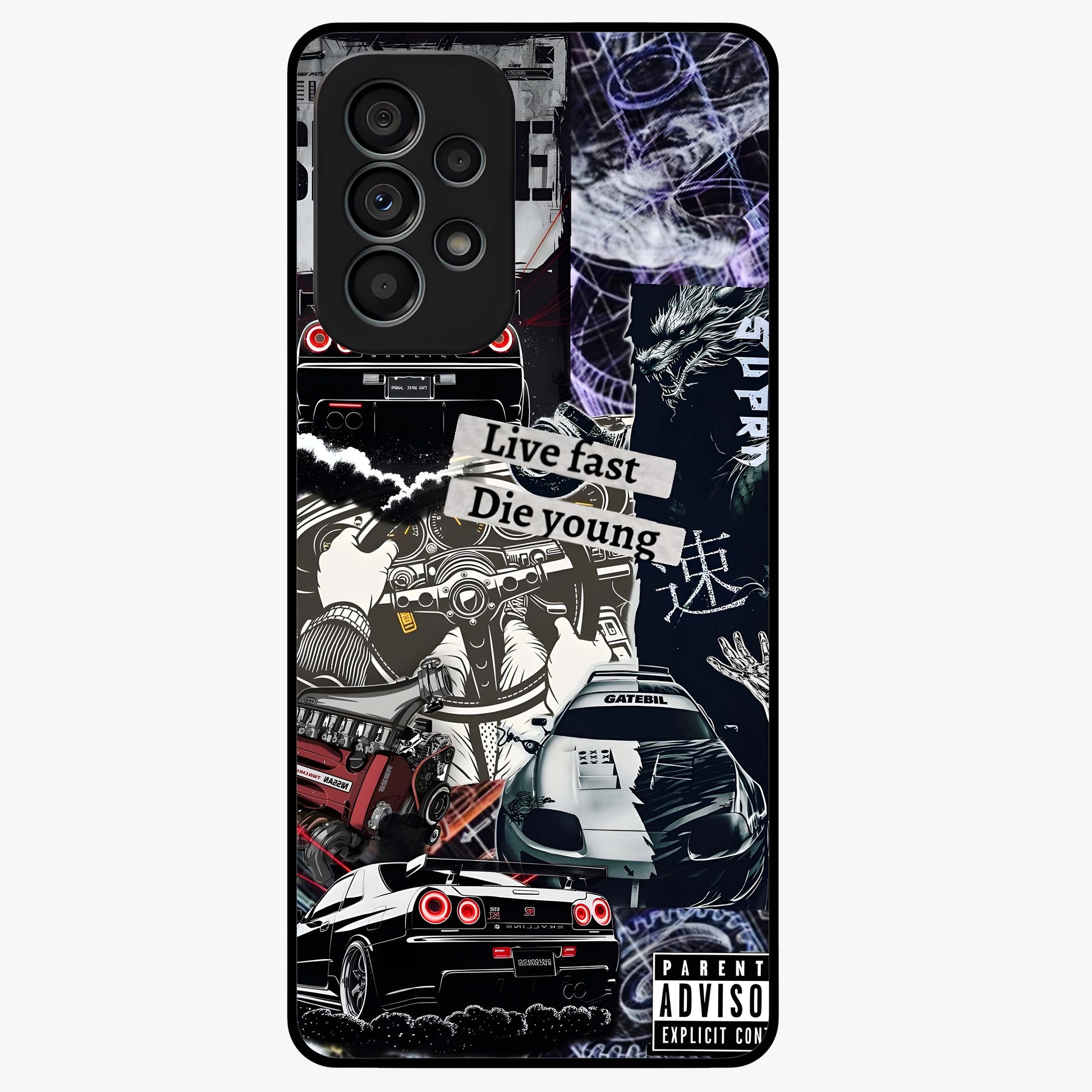 Die Young Glass Case showing flat back view with bold artistic typography design and glossy glass finish.