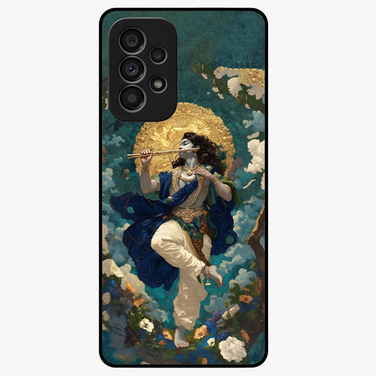 Divine Krishna Art Glass Case showing flat back view with Lord Krishna artwork and glossy glass finish.