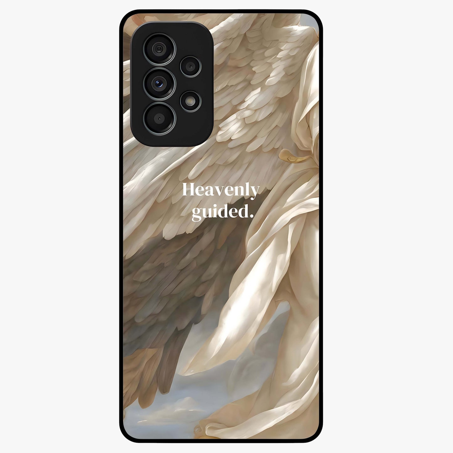 Divine Winged Grace Glass Case showing flat back view with elegant wing inspired artwork and glossy glass finish.