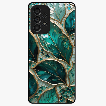 Emerald Leaf Glass Glass Case showing flat back view with emerald green leaf artwork and glossy glass finish.
