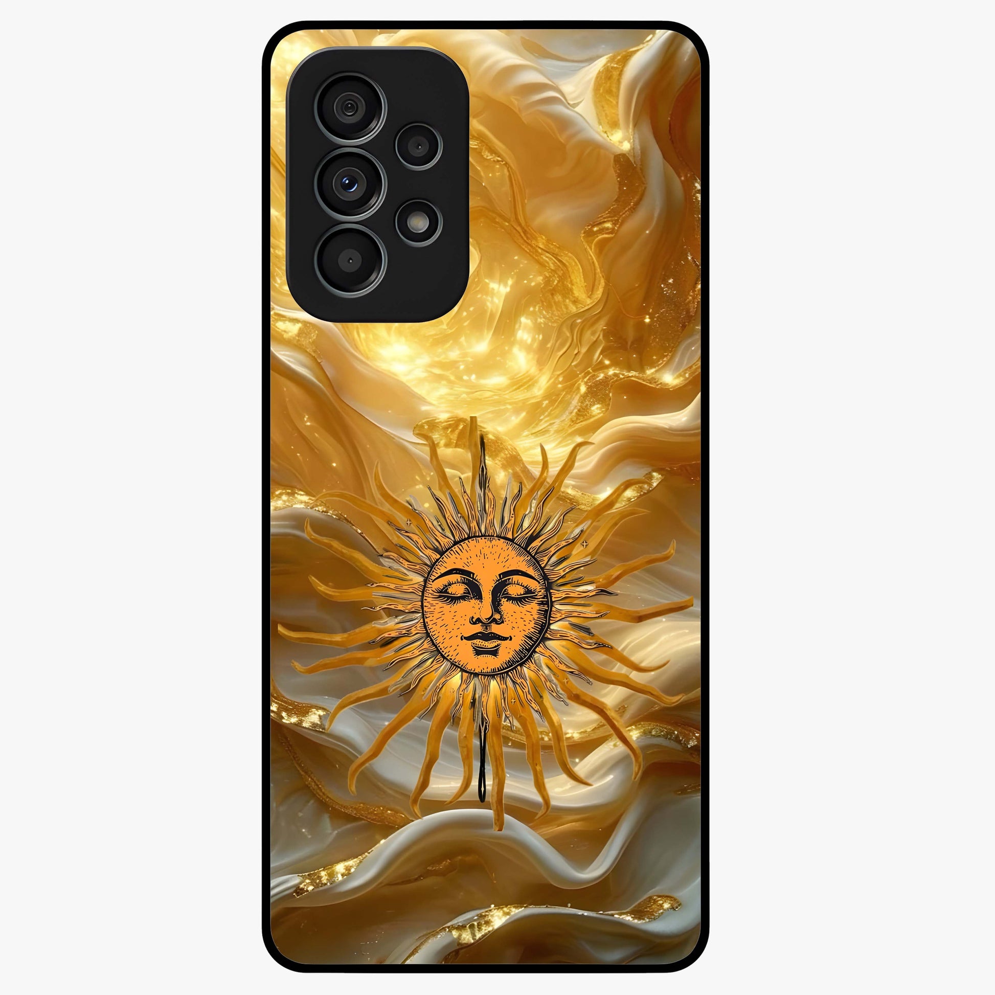 Eternal Golden Glow Glass Case showing flat back view with radiant golden themed artwork and glossy glass finish.