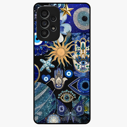Evil Eye Charm Mix Glass Case showing flat back view with multiple evil eye charms artwork and glossy glass finish.