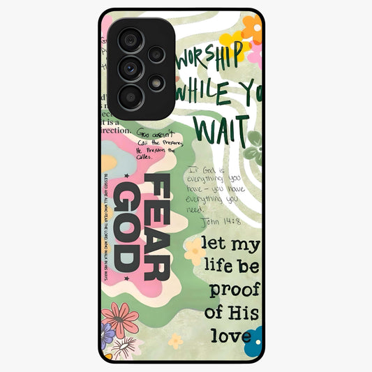 Faith Over Fear Glass Case showing flat back view with motivational typography artwork and glossy glass finish.