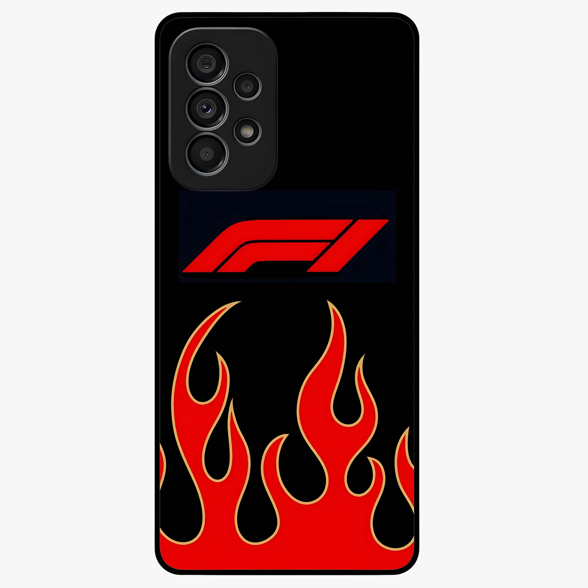 Fire F11 Glass Case showing flat back view with fiery themed artwork and glossy glass finish.