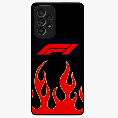 Fire F11 Glass Case showing flat back view with fiery themed artwork and glossy glass finish.
