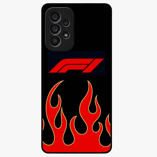 Fire F11 Glass Case showing flat back view with fiery themed artwork and glossy glass finish.