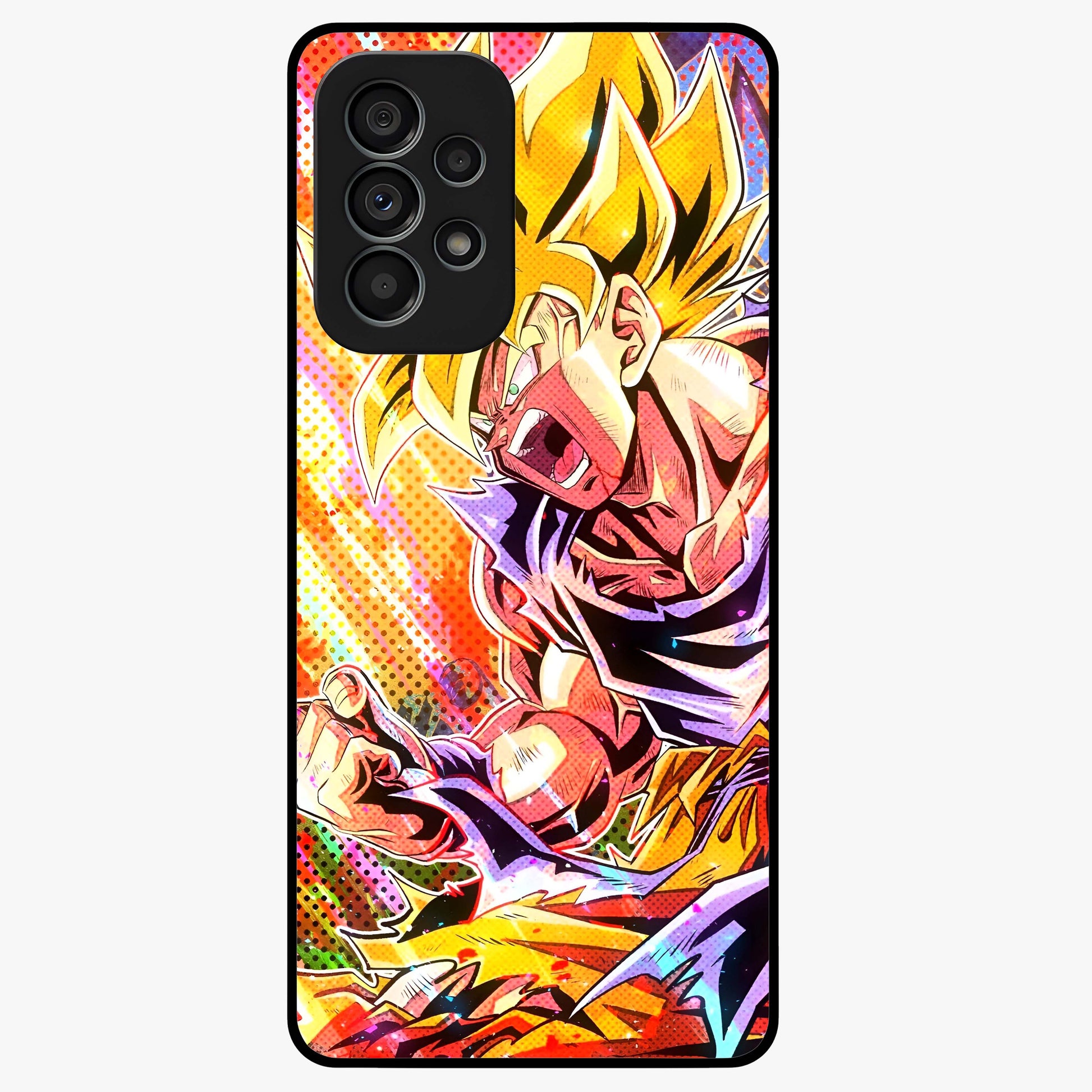 Firing Goku Glass Case showing flat back view with powerful anime inspired artwork and glossy glass finish.