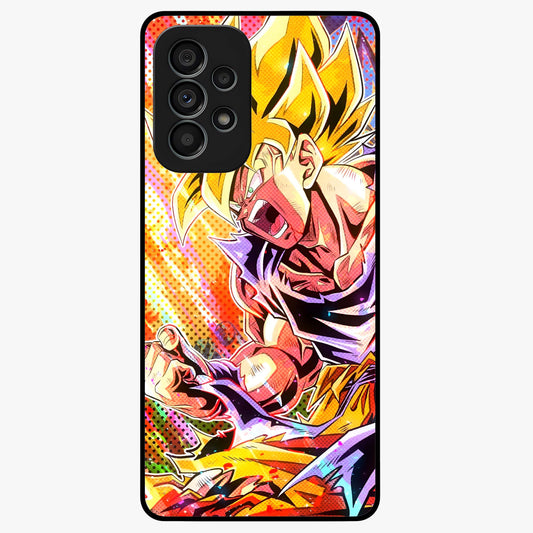 Firing Goku Glass Case showing flat back view with powerful anime inspired artwork and glossy glass finish.