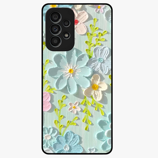 Frosted Petal Garden Glass Case showing flat back view with soft frosted floral artwork and glossy glass finish.