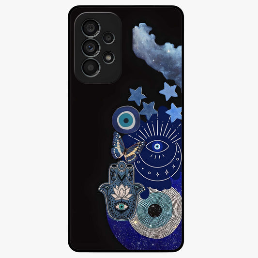 Galactic Charm Cluster Glass Case showing flat back view with glowing celestial charm artwork and glossy glass finish.